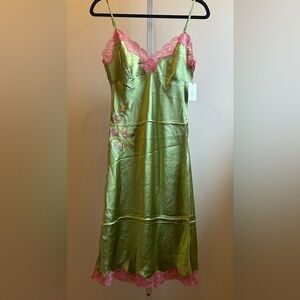 NEW Gold Hawk Silk Slip Dress M Tarragon Green Pink Lace Embroidered Bias Cut